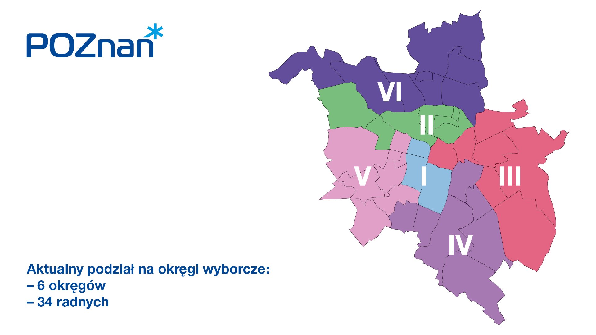 Grafika przedstawia mapę Poznania z podziałem na okręgi wyborcze.