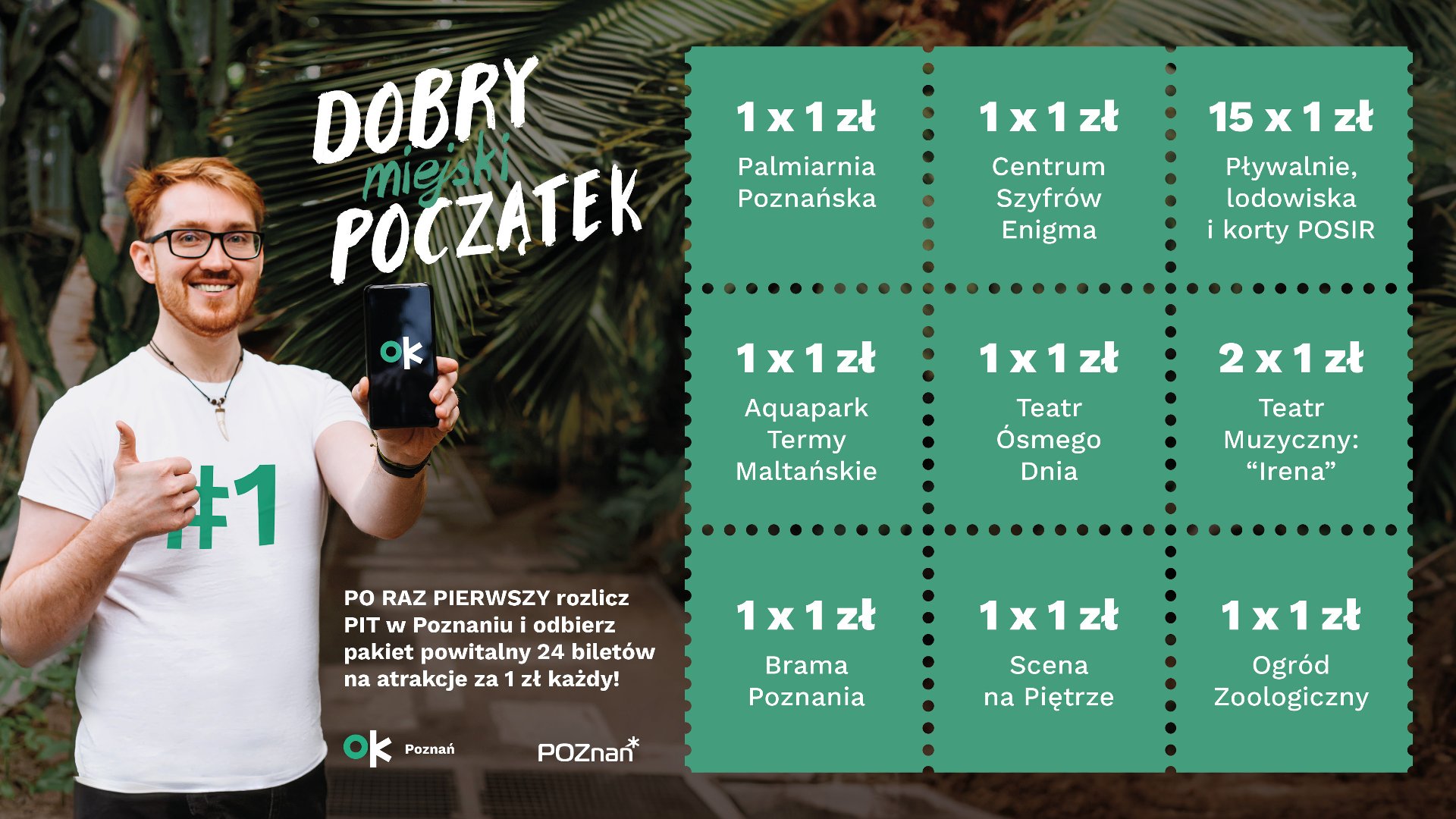 Grafika: uśmiechnięty mężczyzna trzymający w dłoni smartfon, obok lista zniżek - grafika rozmowy