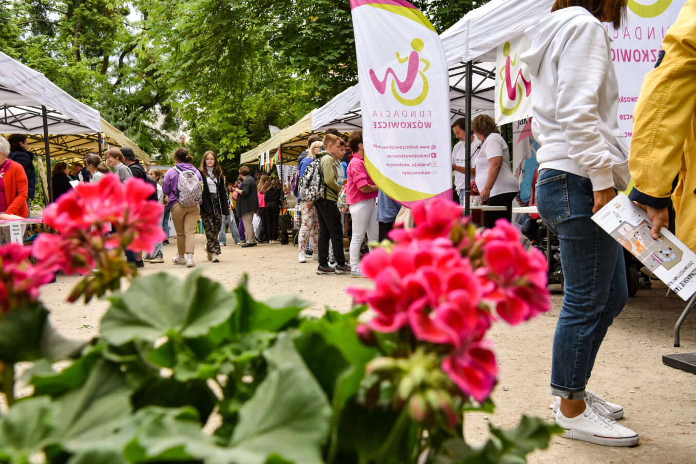 Na zdjęciu stoiska w zoo, na których wystawiają się organizacje pozarządowe - grafika rozmowy