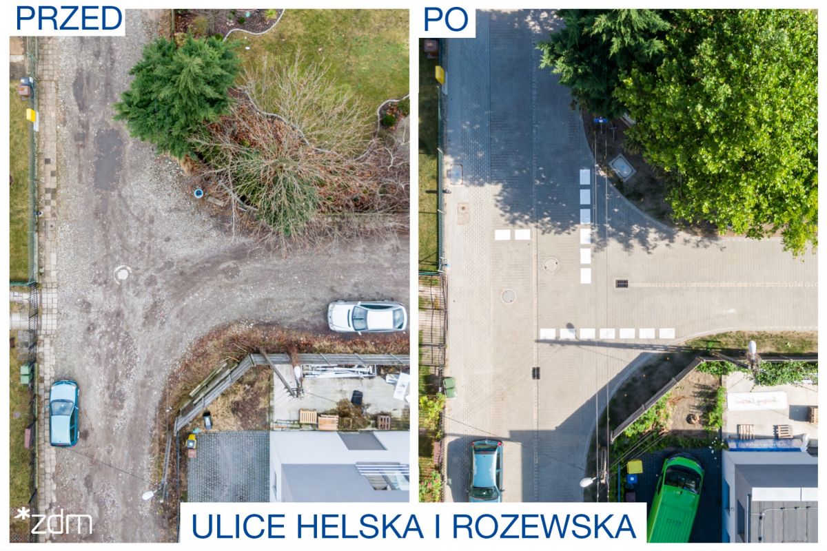 Dwa zdjęcia przedstwiające stan ulicy przed i po remoncie. Zdjęcia robione z góry. - grafika rozmowy