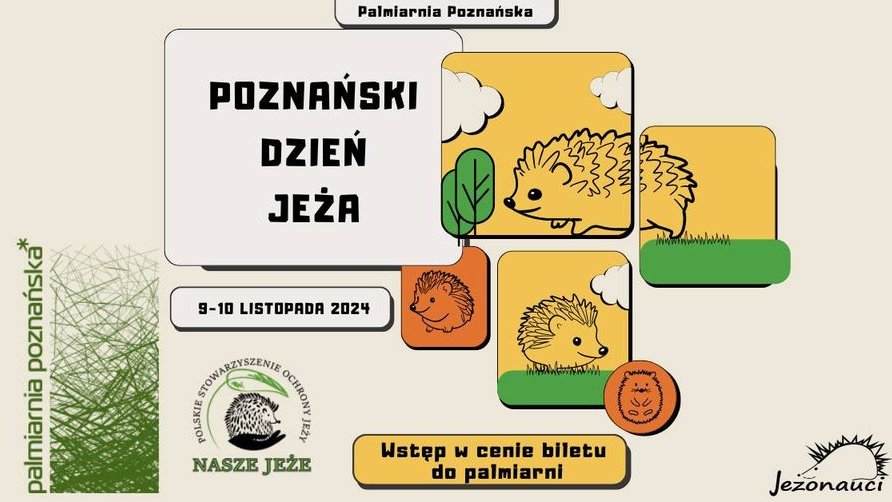 Plakat z informacjami o wydarzeniu z grafikami przedstawiającymi jeże