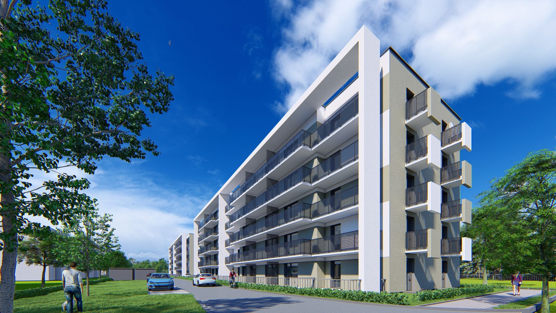 Obraz przedstawia blok. Obok zajduje się zieleń, zaparkowane samochody, spacerujący ludzie. - grafika rozmowy