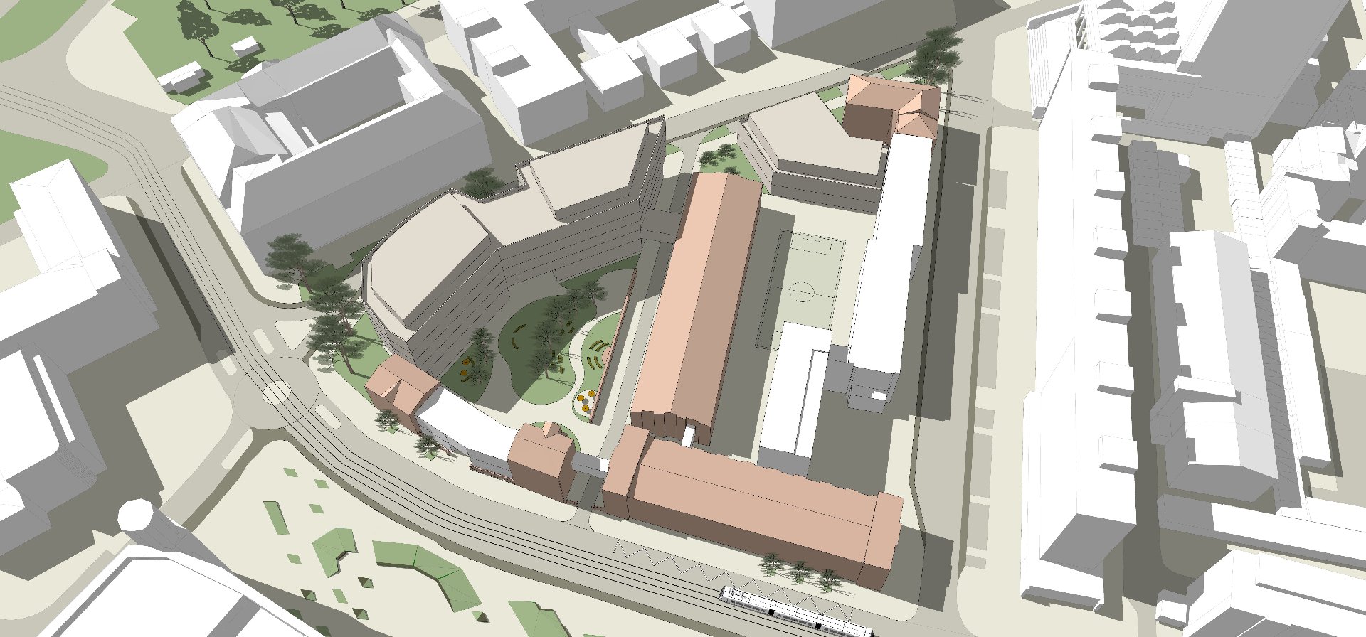 "Wizualizacja architektoniczna miejskiego obszaru, ukazująca widok z góry na kilka budynków i otaczającą infrastrukturę. Budynki są rozmieszczone wokół centralnego dziedzińca, który zawiera zielone przestrzenie z drzewami i placem zabaw. W pobliżu jednego z budynków znajduje się boisko sportowe, prawdopodobnie do piłki nożnej. Obszar obejmuje również drogi, rondo i tory tramwajowe, z widocznym tramwajem na dole obrazu. - grafika rozmowy